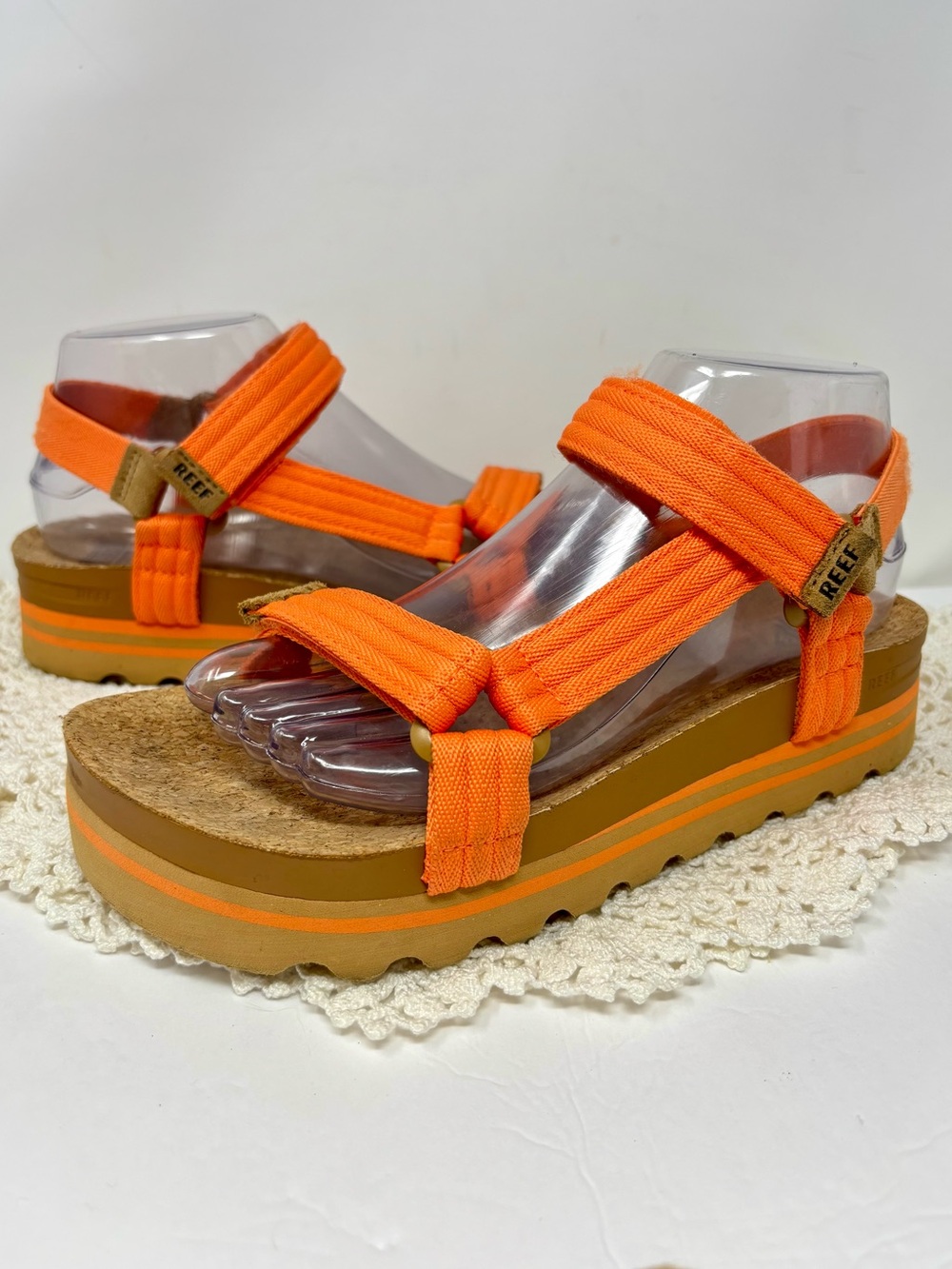 Reef Cushion Rem Hi Platform Sandals Bright Orange Cork Heels Open Toe Size 8